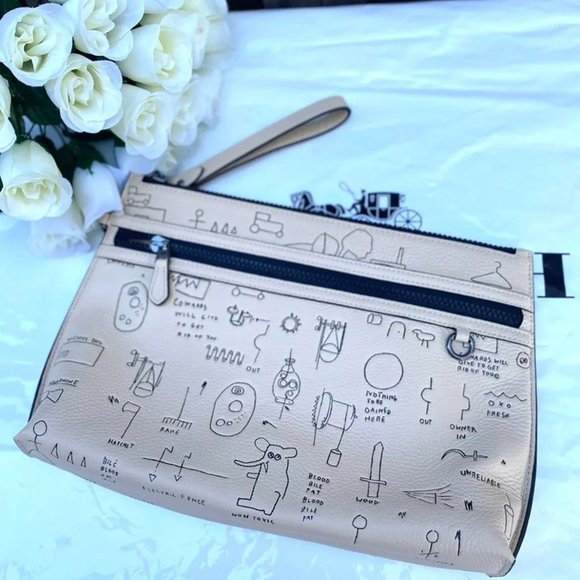 NWT Coach C5452 X Jean-Michel Basquiat Carryall Pouch Leather Ivory Multi - Picture 6 of 9